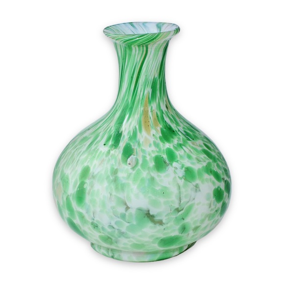 Vintage Art Glass Vase Hand Blown Green and White Spotted Confetti - Picture 2 of 8